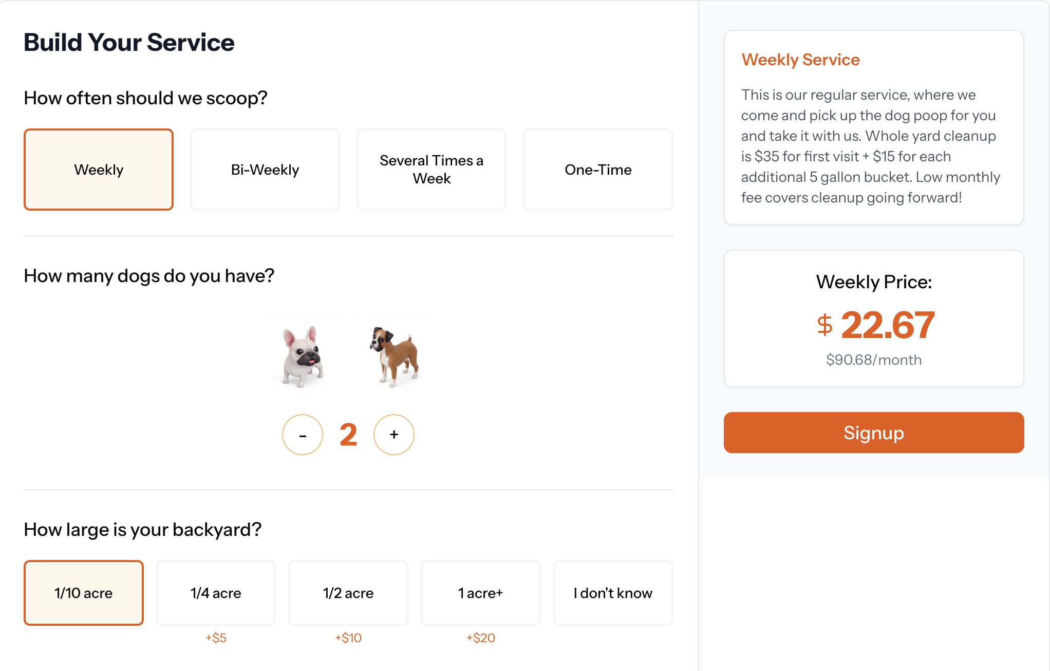 Build Your Service interface showing frequency selection, dog count, yard size options, and pricing